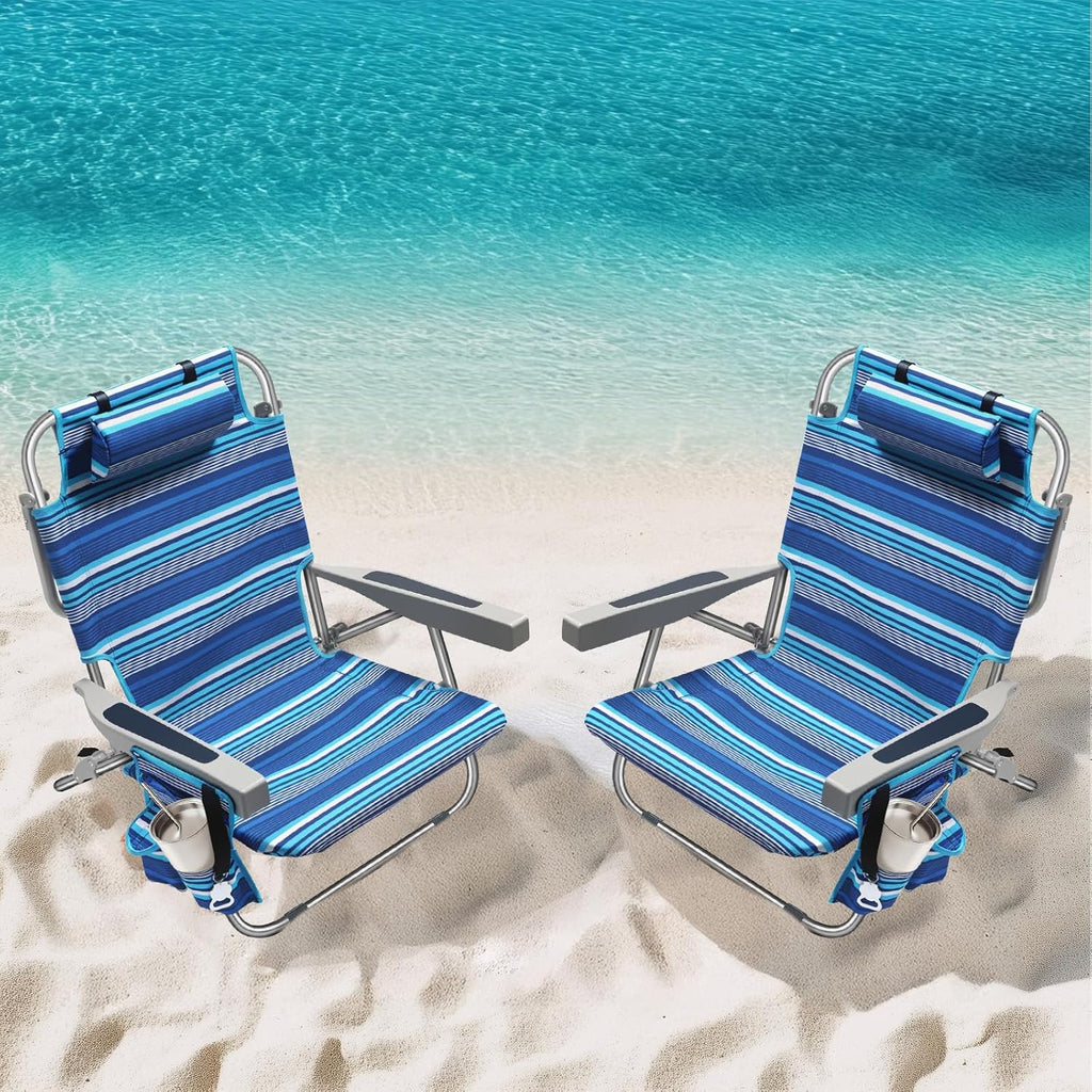 5-Position Aluminum Lay Flat Tall Backpack Beach Chairs 2 Pack Compact Portable Beach Chairs