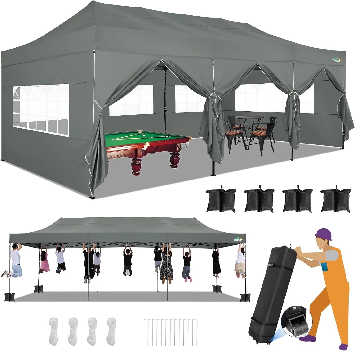 COBIZI 10x20 Heavy Duty Pop up Canopy Tent with 6 sidewalls Easy Up Commercial Outdoor Canopy Wedding Party Tents for Parties All Season Wind & Waterproof Gazebo with Roller Bag,Black(Frame Thickened)