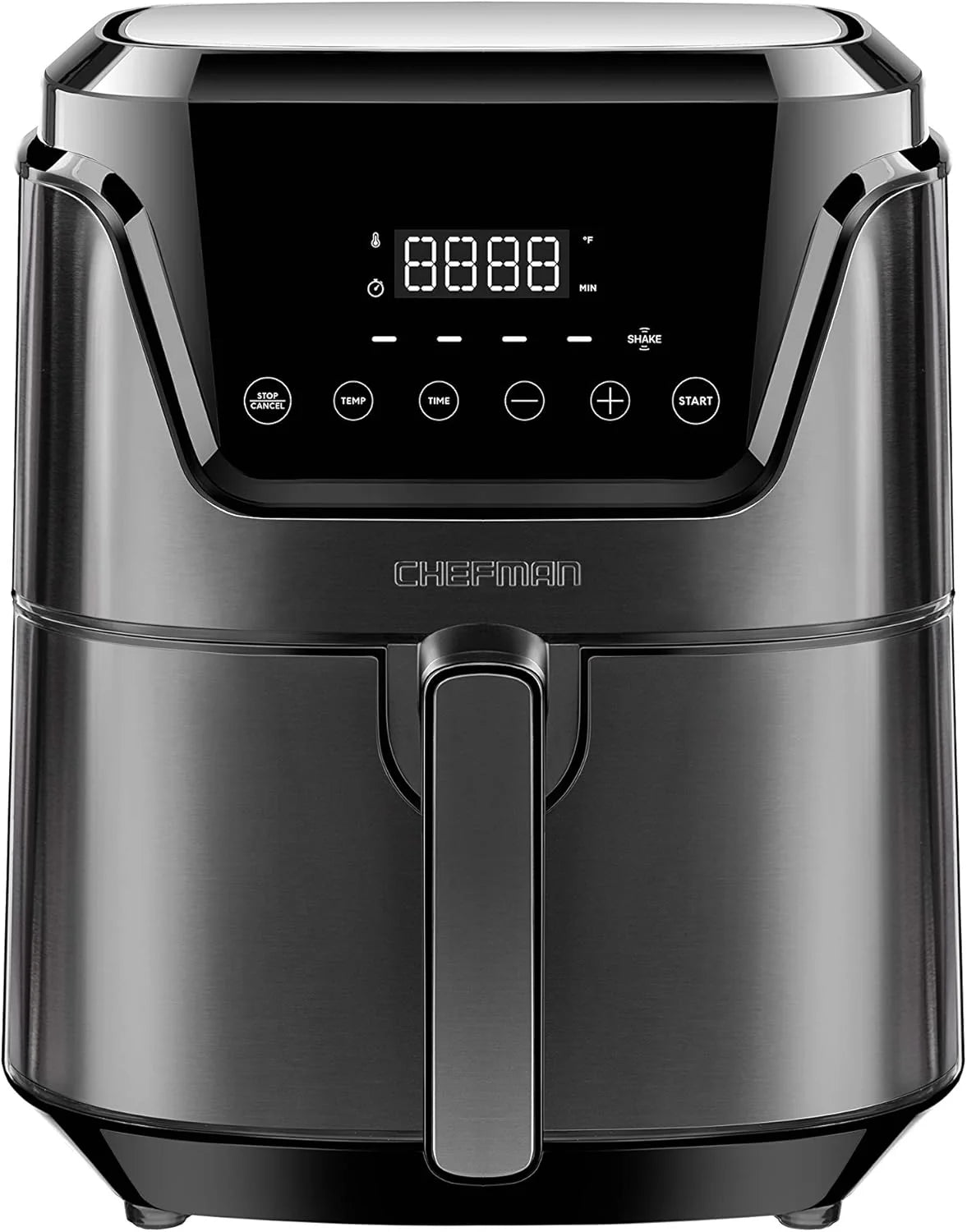 Chefman 6-Quart Double Basket Air Fryer with Easy View Window uses two separate 3-quart nonstick pans.