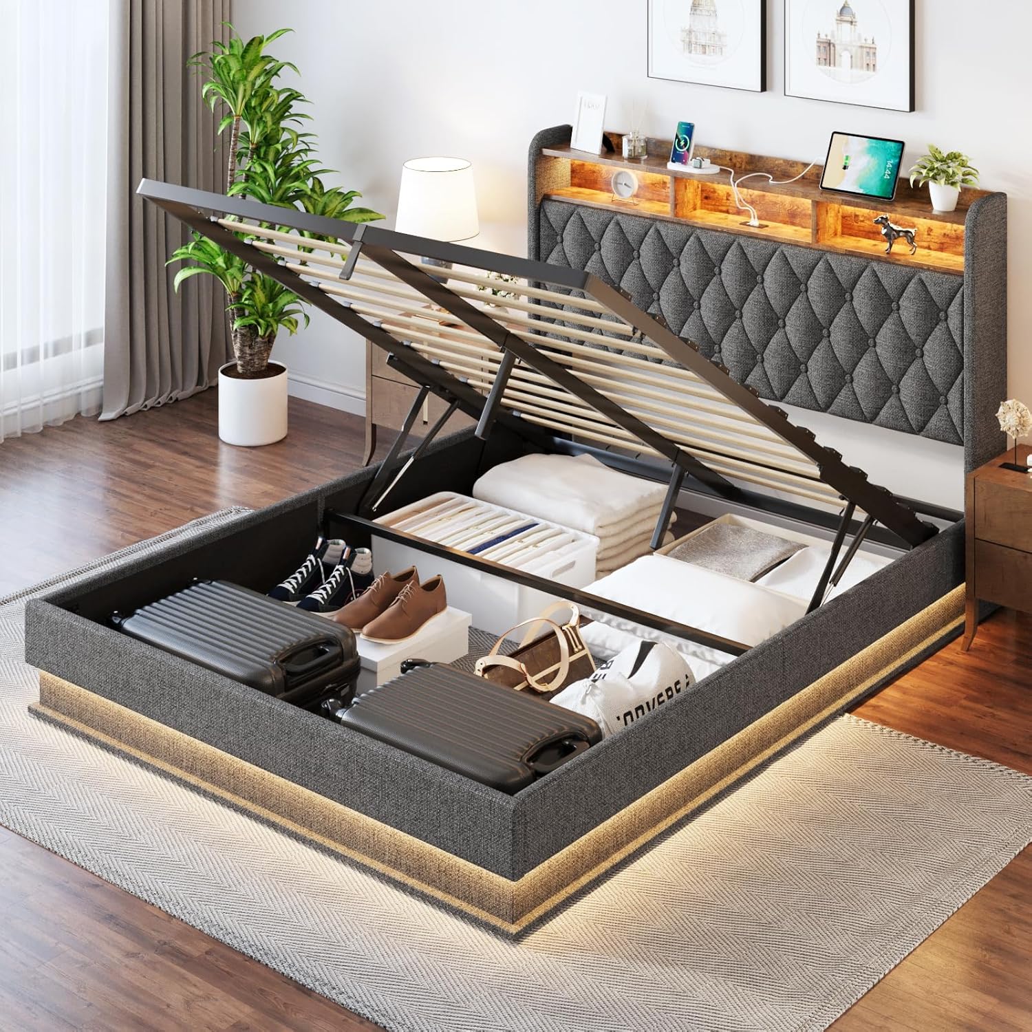 Queen Bed Frame Storage Lift Up Queen Size Bed Frame Headboard Upholstered Platform Bed