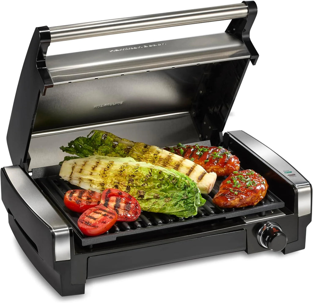 Indoor electric grill with viewing window, adjustable to 450��F, serves 6 people