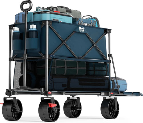 400L Large Capacity Folding Double Decker Cart with Brakes, 54 Inch Extra Long Extended Cart, 450 Pounds Heavy Duty Folding Cart