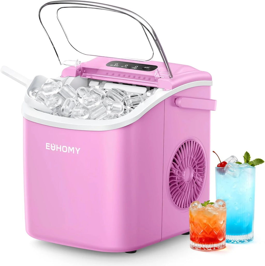 EUHOMY Countertop Ice Maker Machine with Handle, 26lbs in 24Hrs, 9 Ice Cubes Ready in 6 Mins, Auto-Cleaning Portable Ice Maker with Basket and Scoop, for Home/Kitchen/Camping/RV. (Black)