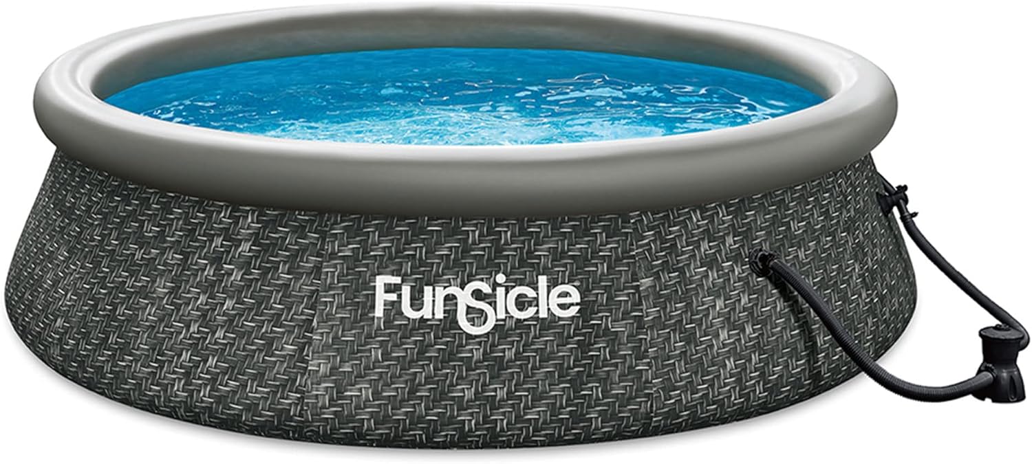 Funsicle 12 Foot by 36 Inch Quickset Round Inflatable Ring Top Outdoor Above Ground Swimming Pool Set with Pump and Cartridge Filter, Dark Herringbone