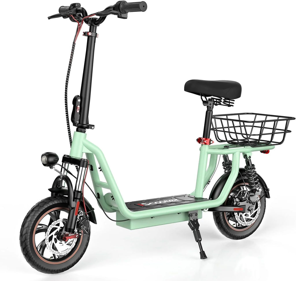 iScooter electric scooter with seat, 37/21 mile range, 28/19/15.6 mph top speed, dual suspension scooter with basket