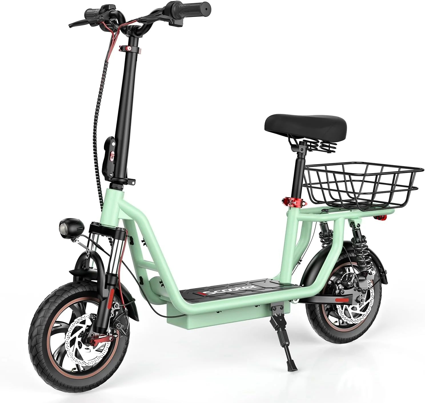 iScooter electric scooter with seat, 37/21 mile range, 28/19/15.6 mph top speed, dual suspension scooter with basket