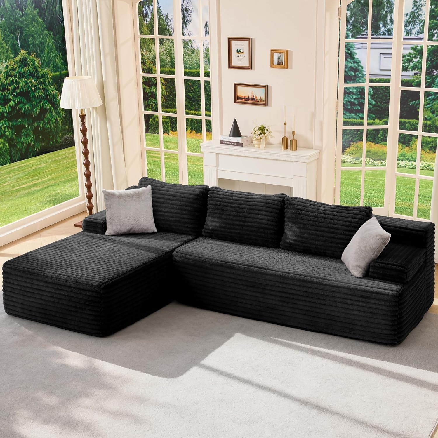 Modular Sectional Sofa Couches L-Shape Couch 3 Seat Modular Sofa Memory Foam Sectional Couches for Living Room, Cloud Couch with Oversized Chaise (Grey Stripe, 96 Left Facing Chaise)
