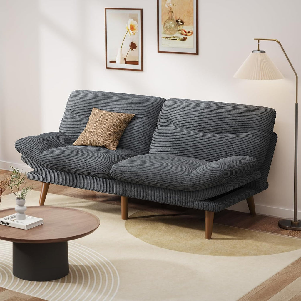 Pipishell Convertible Futon Sofa Bed,66 Corduroy Futon Couch with Adjustable Backrest and Armrests, Recliner Sleeper Sofa for Small Spaces, Play Room or Office, Grey