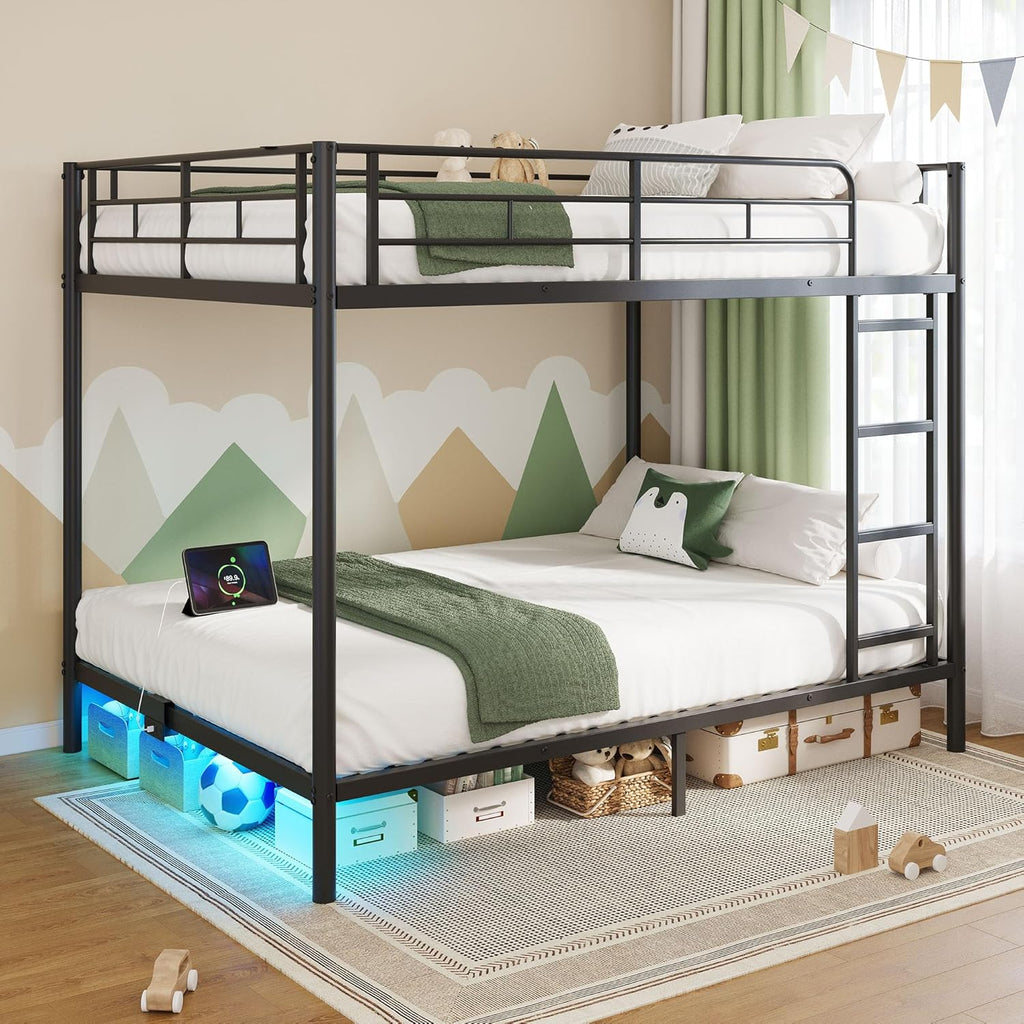 Rolanstar Metal Bunk Bed Twin Over Twin USB Charging Station LED Bunk Bed 2 Storage Drawers