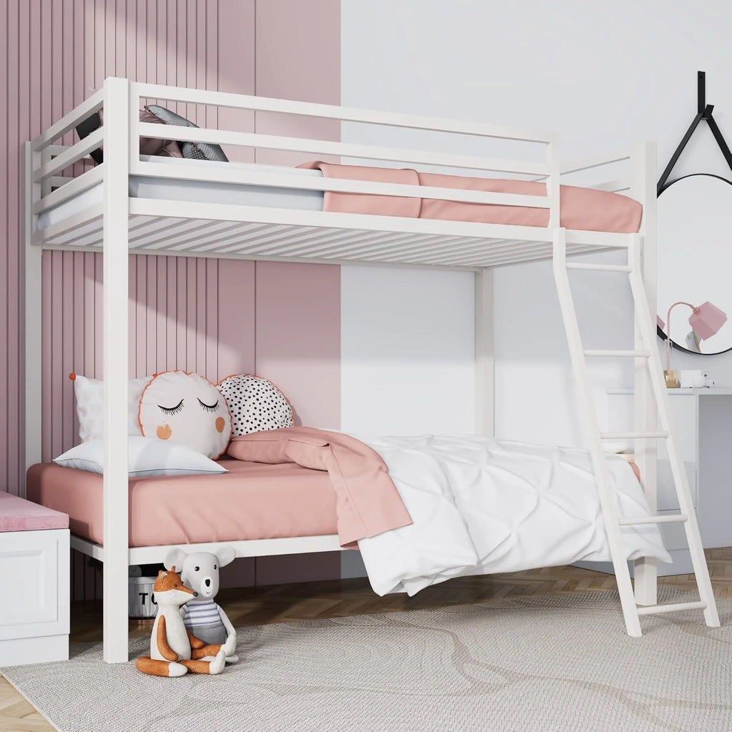 SHA CERLIN Loft Bunk Bed Twin Over Twin Size with Ladder and Guardrail Metal Slats Support