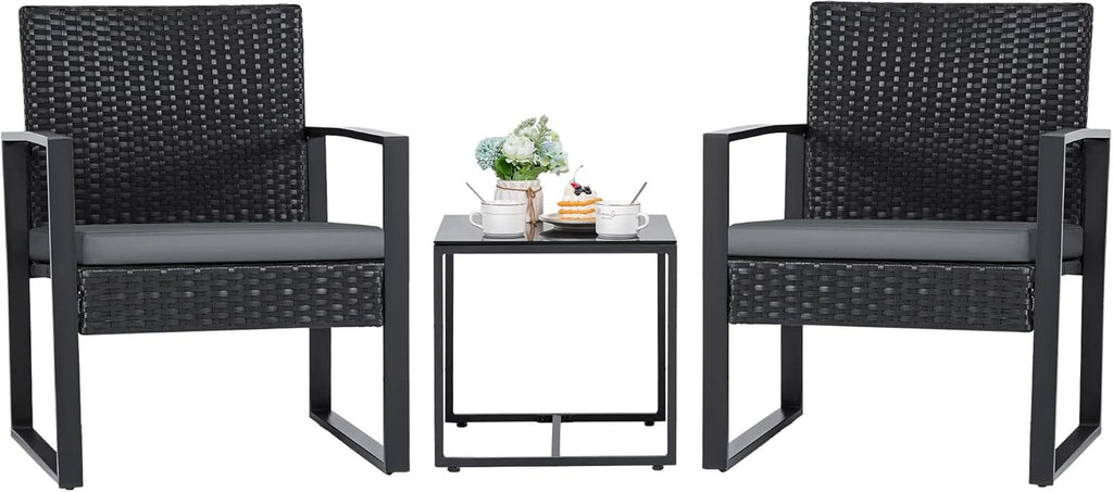Flamaker 3 Pieces Outdoor Patio Wicker Furniture Set, Modern Rattan Chair Conversation Sets with Coffee Table for Yard and Bistro (Black)