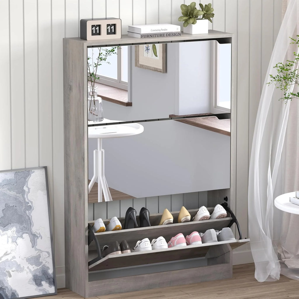 Shoe Cabinet with 3 Flip Drawers, Hidden Wood Shoe Cabinet,Freestanding Shoe Storage Cabinet