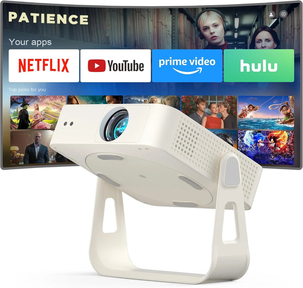 [Officially-Licensed App & Auto Focus]White Smart Mini Projector with WiFi and Bluetooth