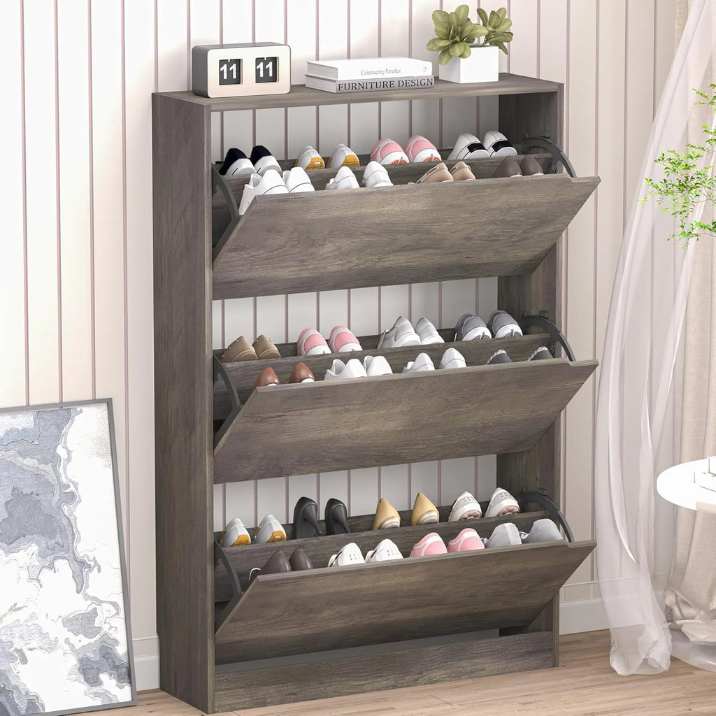 Shoe Cabinet with 3 Flip Drawers, Hidden Wood Shoe Cabinet,Freestanding Shoe Storage Cabinet