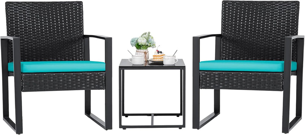 Flamaker 3 Pieces Outdoor Patio Wicker Furniture Set, Modern Rattan Chair Conversation Sets with Coffee Table for Yard and Bistro (Black)