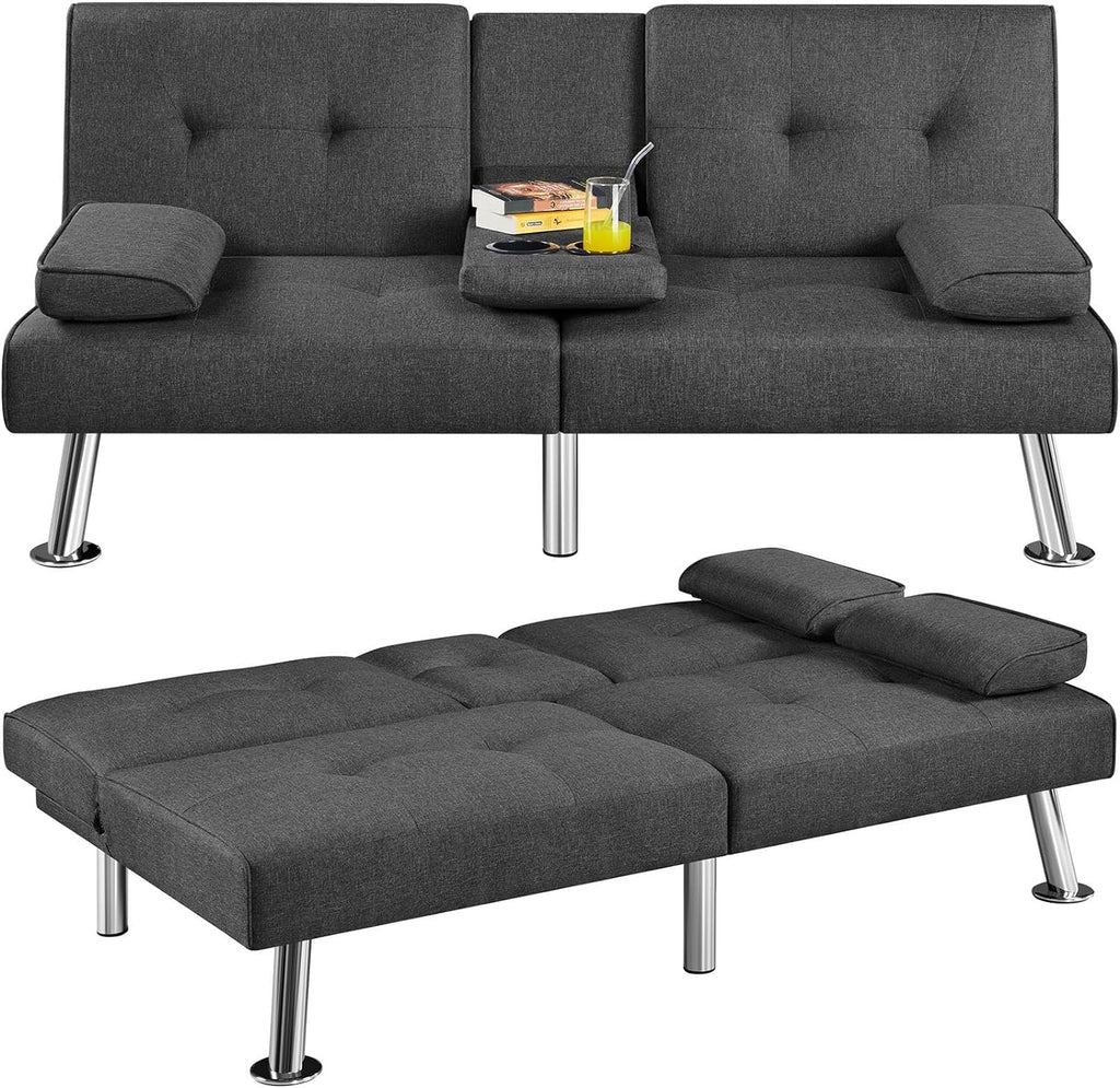 Yaheetech Convertible Sofa Bed Adjustable Couch Sleeper Modern Faux Leather Home Recliner Reversible Loveseat Folding Daybed Guest Bed, Removable Armrests, Cup Holders, 3 Angles, 772lb Capacity, Brown