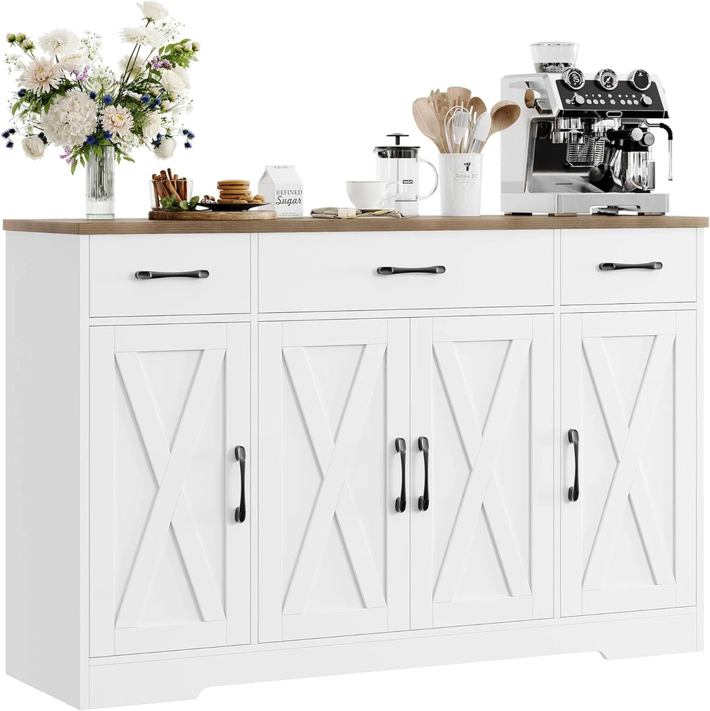 HOSTACK Buffet Cabinet with Drawers, 55 Large Sideboard Buffet Storage Cabinet with Shelves and Doors, Modern Farmhouse Coffee Bar Station Wood Kitchen Table for Kitchen, Dining Room, White/Rustic