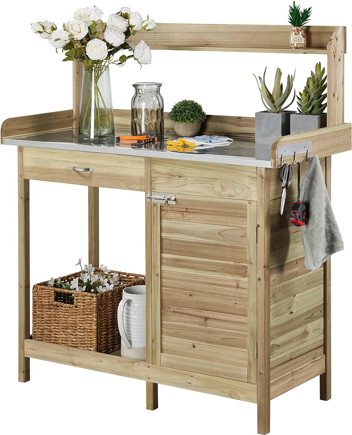 Yaheetech Outdoor Garden Potting Bench Table Work Bench Metal Tabletop Cabinet Drawer