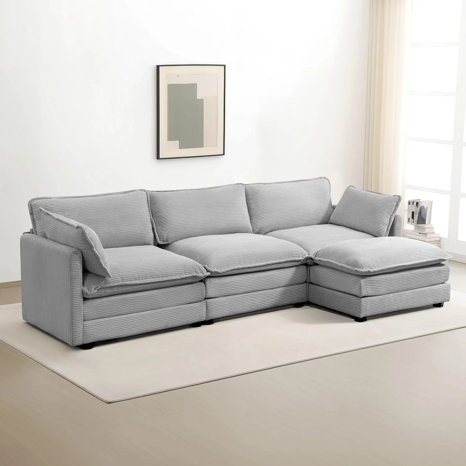 ROWHY Oversized Modular Sectional Sofa with Movable Ottoman, 112 Inch 4 Seat Modern Corduroy Sofa Set, Convertible L Shaped Couch for Living Room and Office, Beige