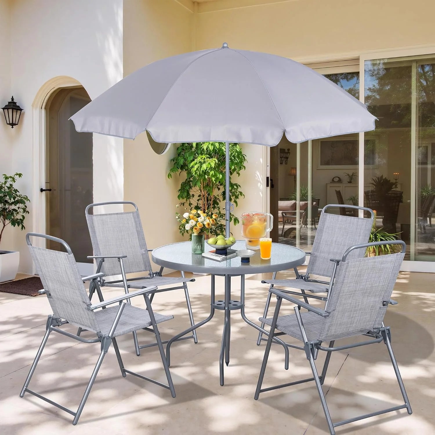 Vongrasig 6 Piece Folding Patio Dining Set,Small Metal Outdoor Garden Patio Table and Chair Set w/Umbrella for Lawn,Deck,Backyard,Black