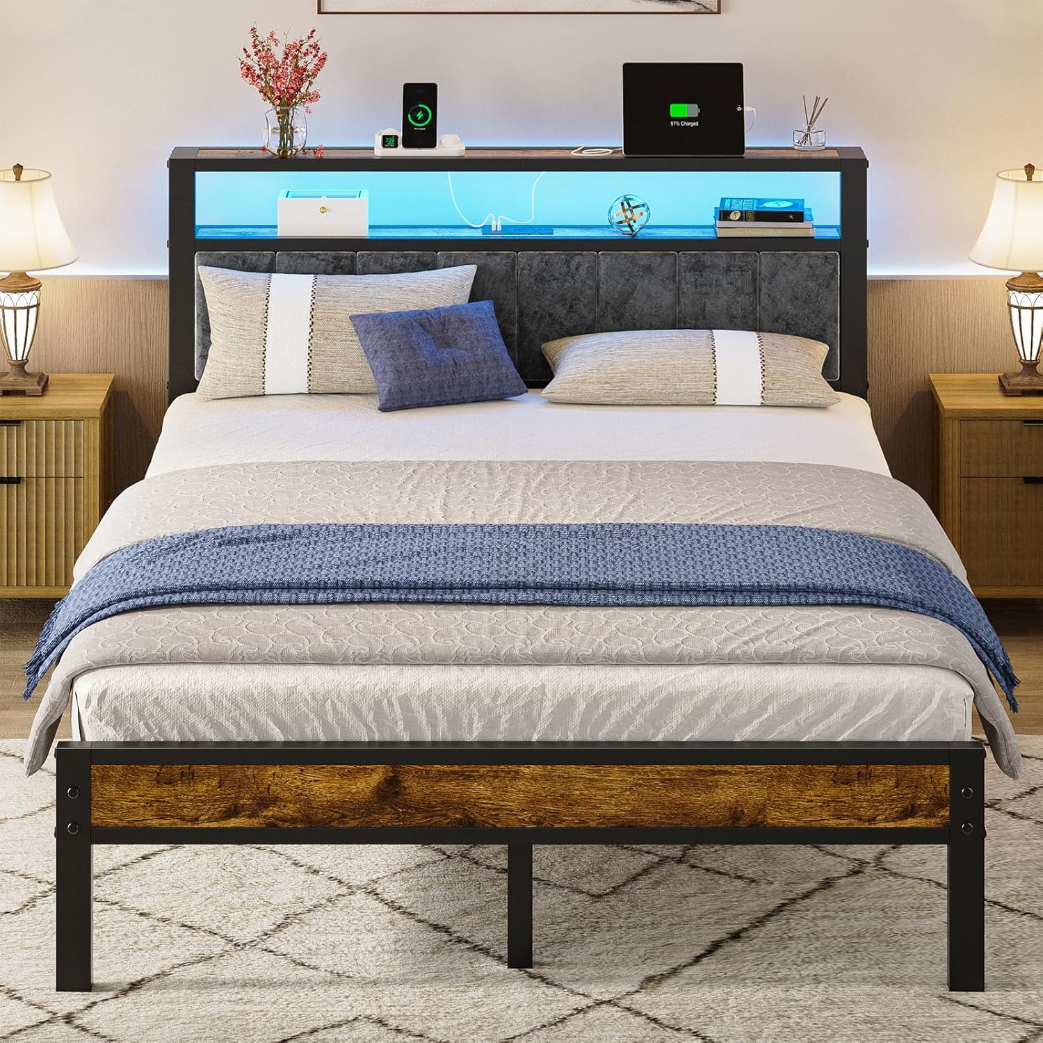 Queen Size Bed Frame with 2-Tier Storage Shelves Headboard Platform Bed with Charging Station