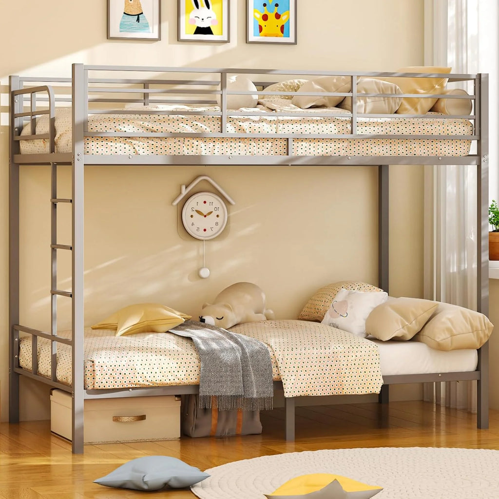 VINGLI Metal Bunk Bed Frame Twin Over Twin with LED Lights Non-Slip Ladder Full Length Guardrail