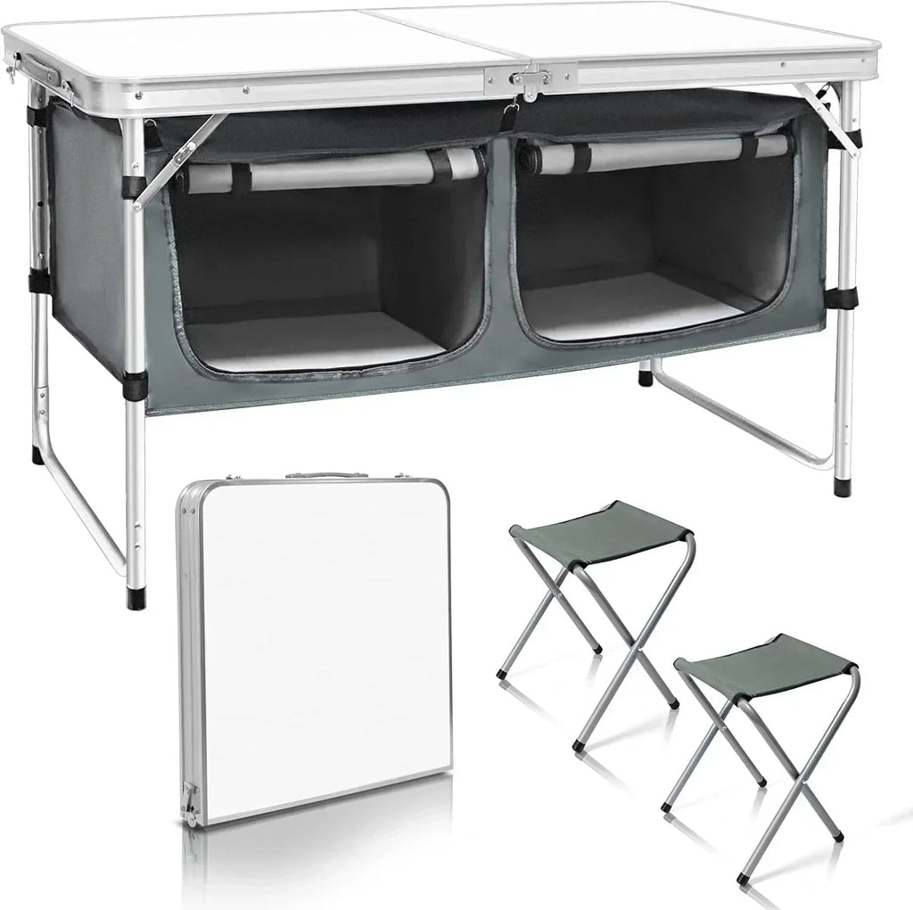 Outdoor Folding Table Aluminum Lightweight Height Adjustable with Storage Organizer