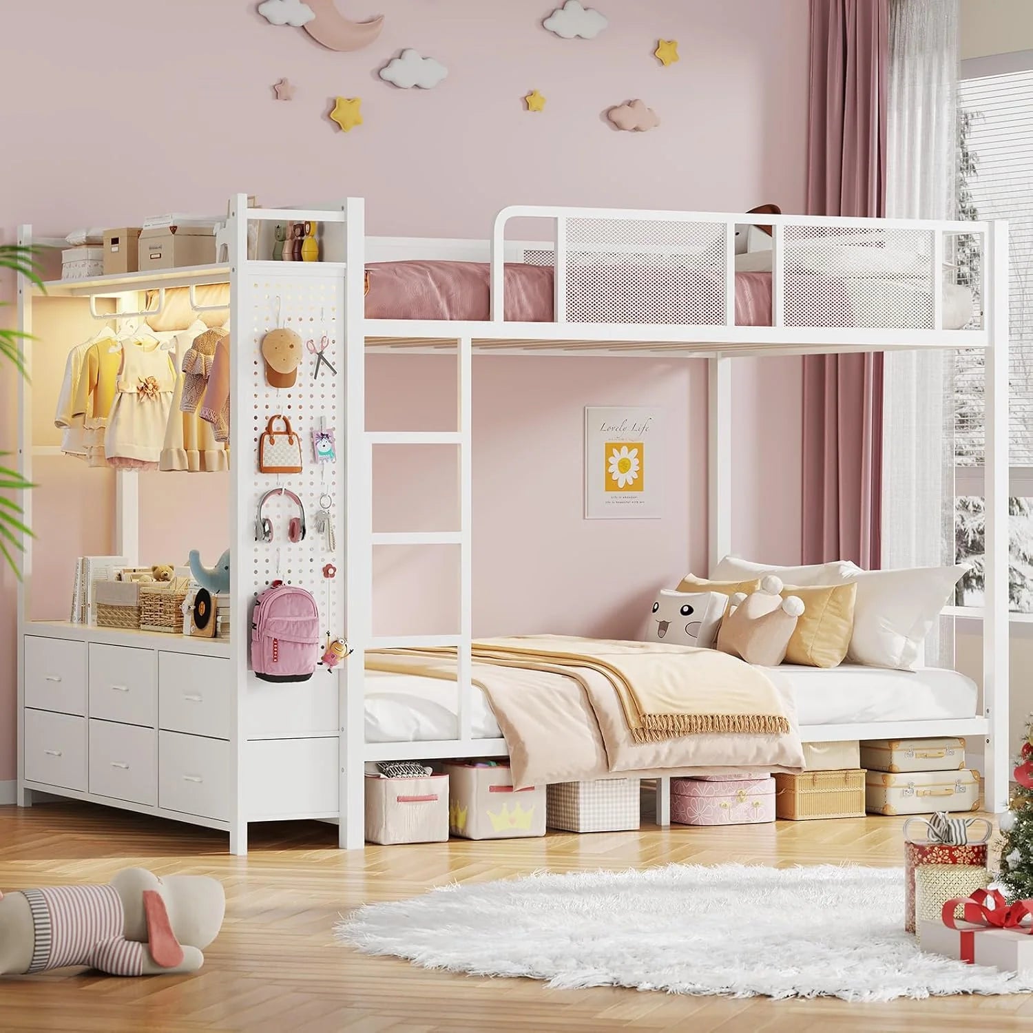 Itaar Metal Bunk Bed Twin Over Twin Hall Tree Power Outlet LED Bunk Bed 4 Storage Drawers