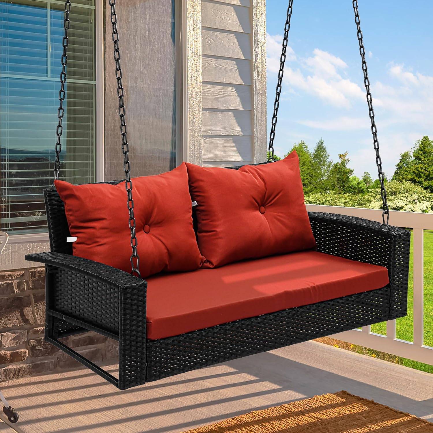 YITAHOME Hanging Porch Swing Chair Sits 3 People, Wicker Outdoor Swing Bench, Patio Lounge Chair, 1 Seating Cushion and 3 Back Cushions, w/Removable Covers, for Garden, Balcony, Backyard, Brown