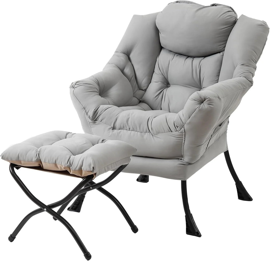 Welnow Lazy Chair with Ottoman, Modern Accent Chair with Armrests and a Side Pocket, Leisure Sofa Armchair, Reading Armchair with Footrest for Small Space, Dark Grey