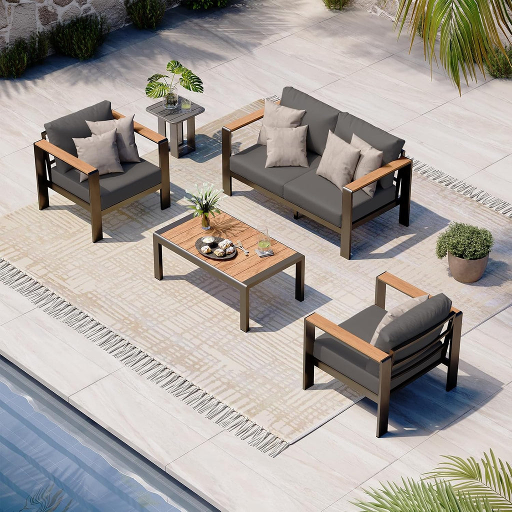 Aluminum Outdoor Patio Furniture Set with Coffee Table, 4 Piece Patio Conversation Sets with Washable Thick Cushions