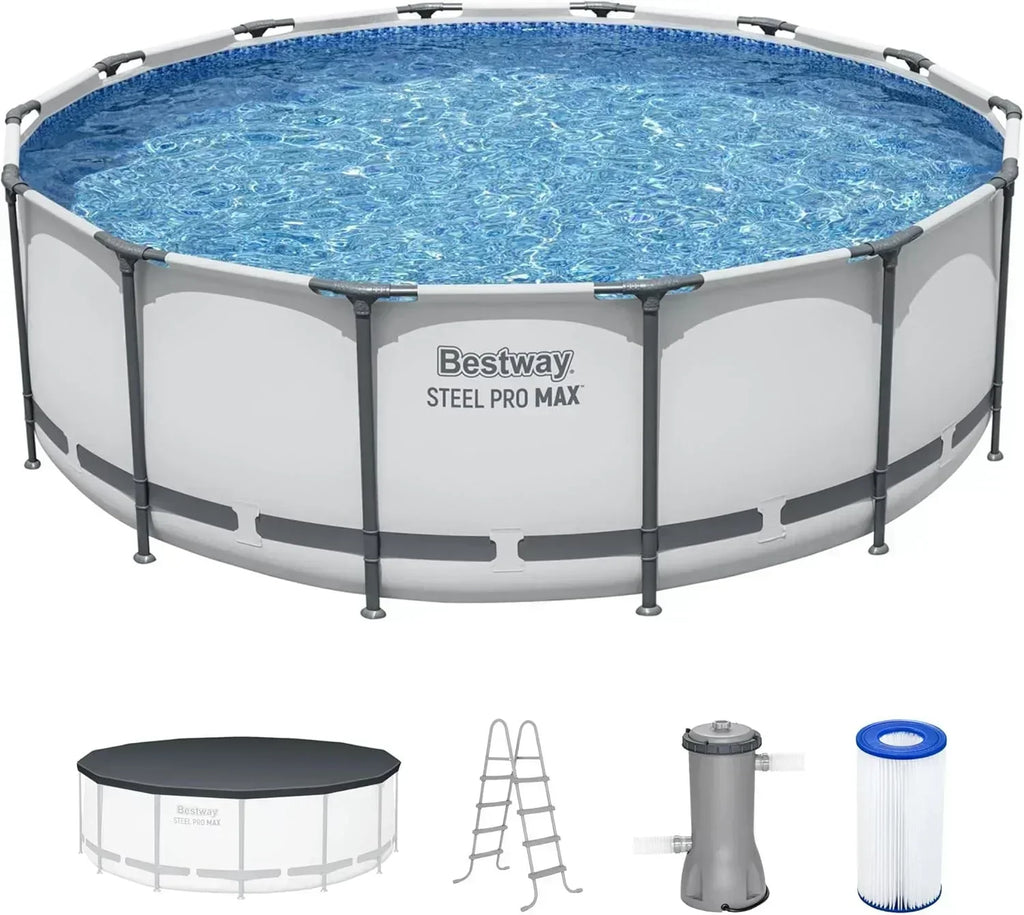 Steel Pro MAX 14 Foot x 48 Inch Round Metal Frame Above Ground Outdoor Swimming Pool Set