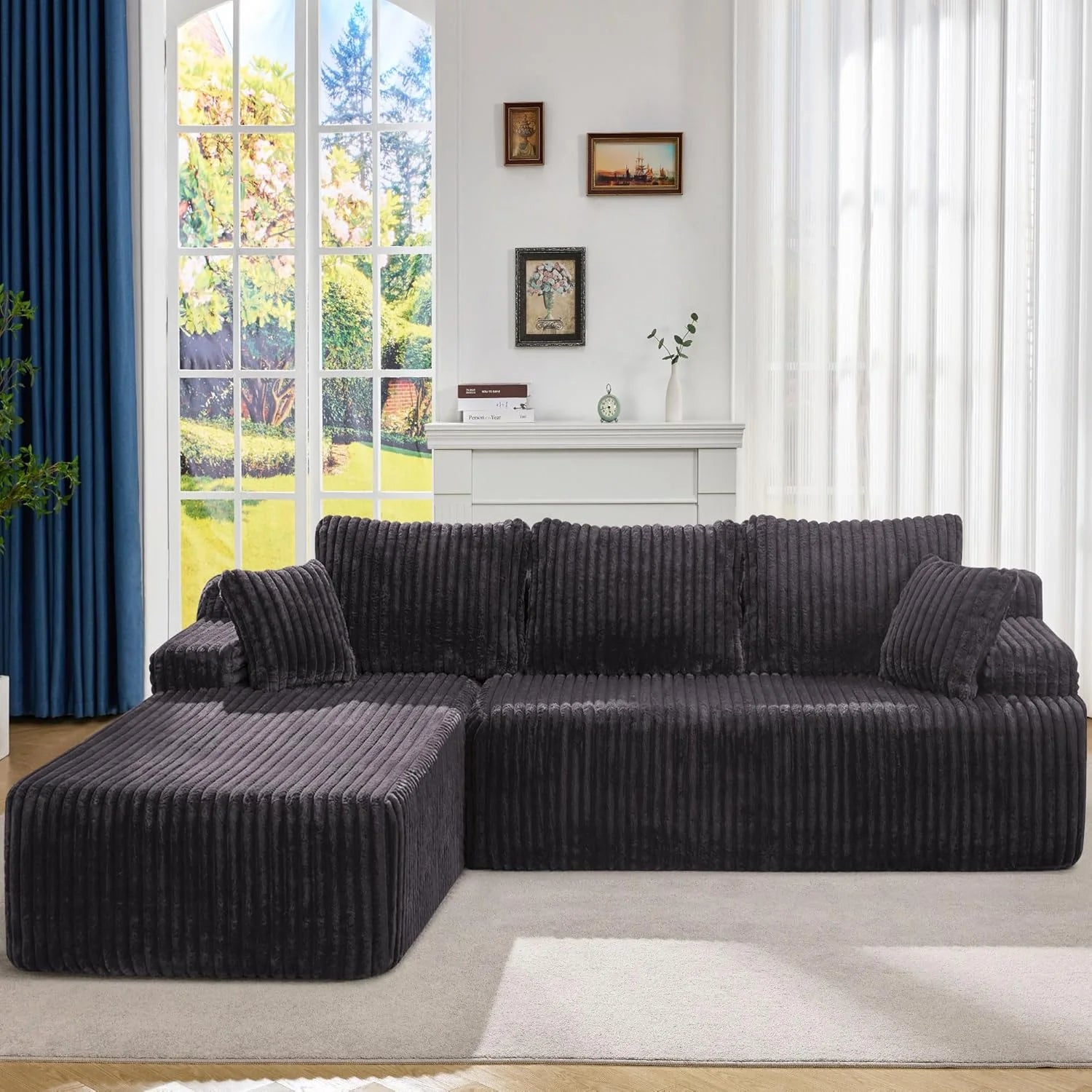 Modular Sectional Sofa Couches L-Shape Couch 3 Seat Modular Sofa Memory Foam Sectional Couches for Living Room, Cloud Couch with Oversized Chaise (Grey Stripe, 96 Left Facing Chaise)