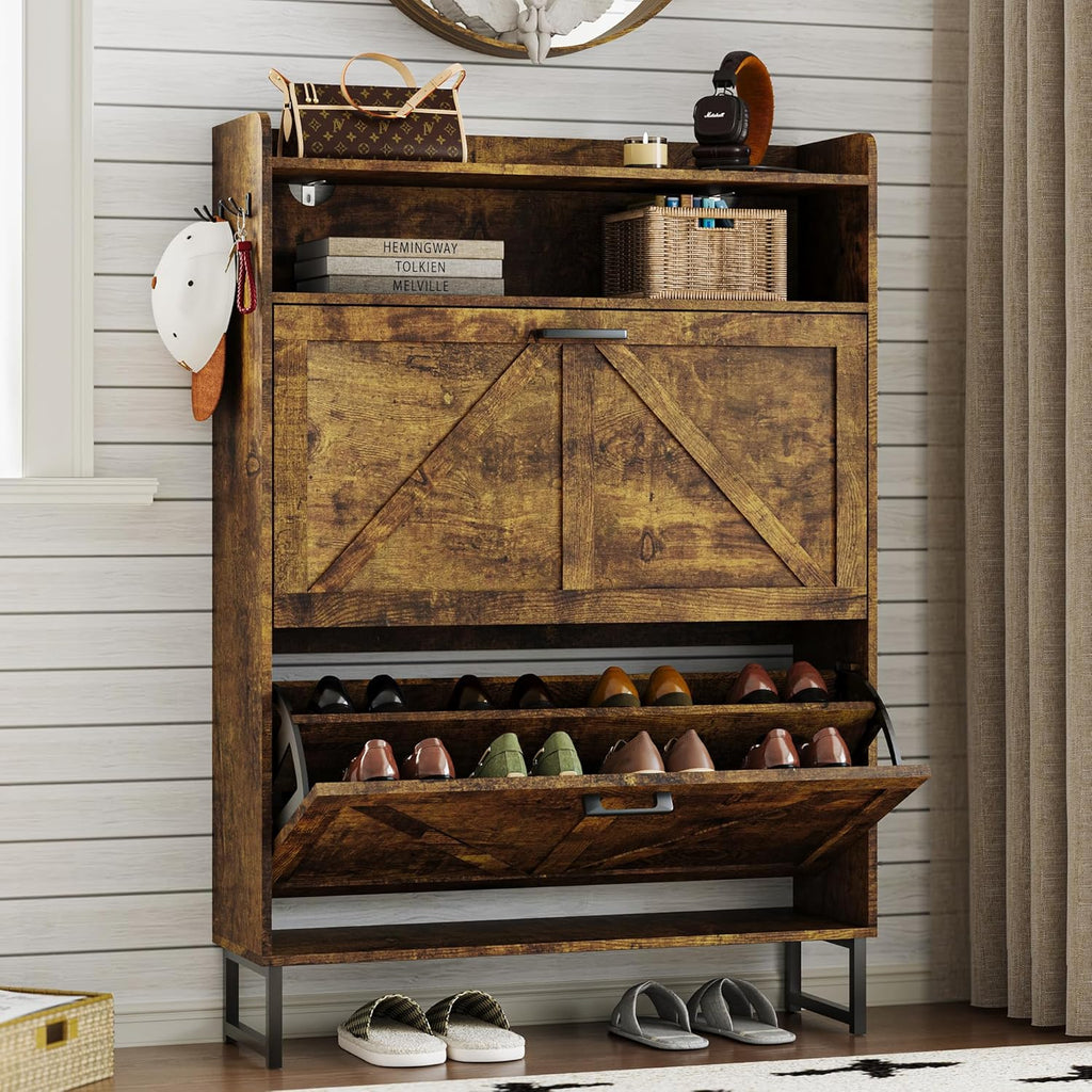 Shoe cabinet with 2 flip-top drawers Narrow shoe storage cabinet