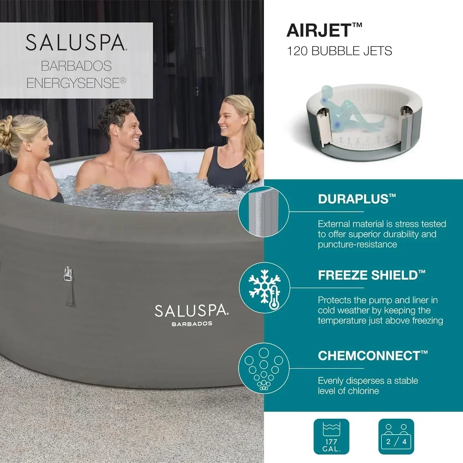Bestway SaluSpa Miami EnergySense AirJet Inflatable Hot Tub Spa 71 x 26 Portable Hot Tub