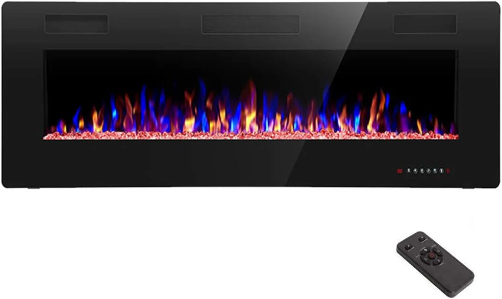 R.W.FLAME 60 Recessed and Wall Mounted Electric Fireplace, Low Noise, Fit for 2 x 6 Stud, Remote Control with Timer, Touch Screen, Adjustable Flame Color and Speed, 750-1500W