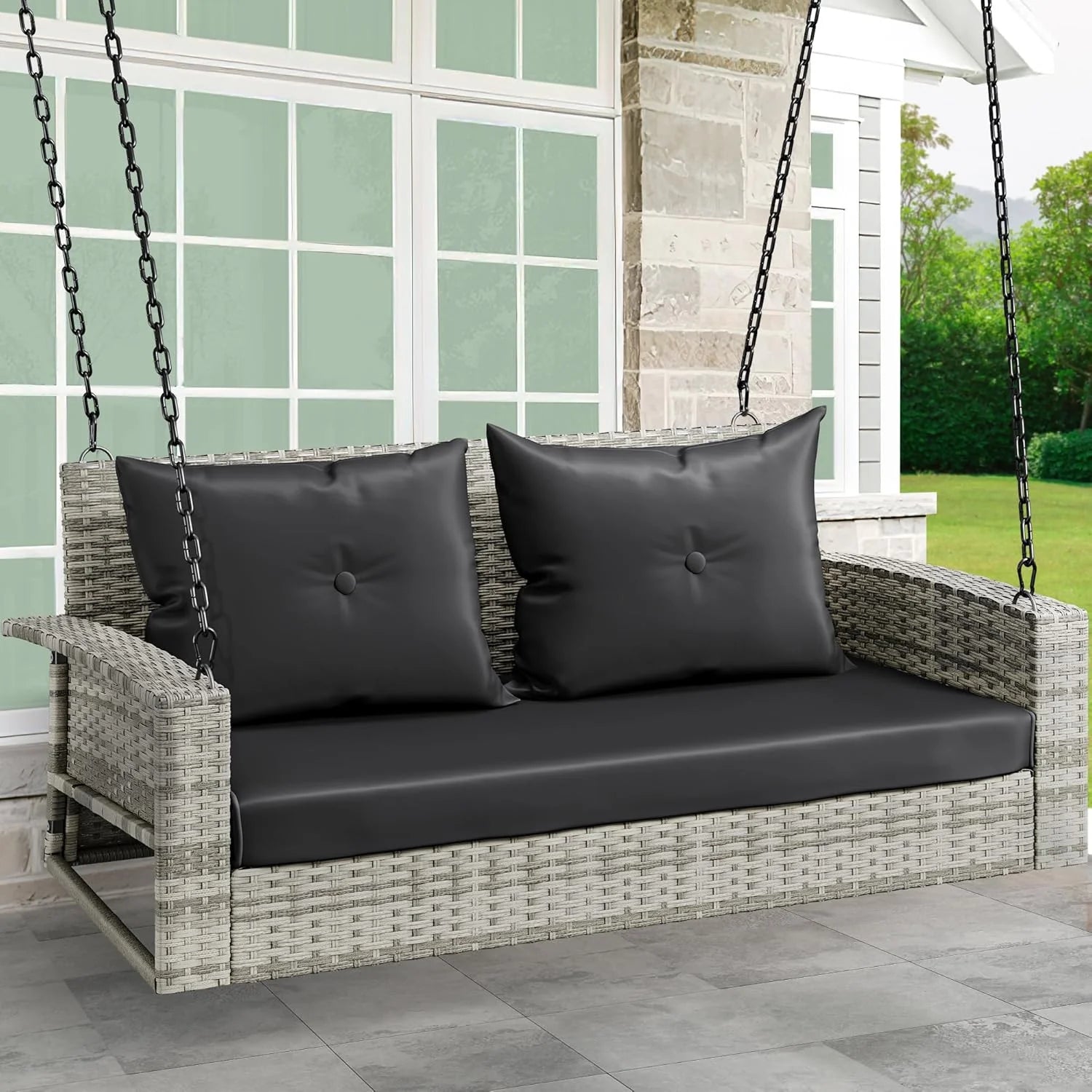YITAHOME Hanging Porch Swing Chair Sits 3 People, Wicker Outdoor Swing Bench, Patio Lounge Chair, 1 Seating Cushion and 3 Back Cushions, w/Removable Covers, for Garden, Balcony, Backyard, Brown