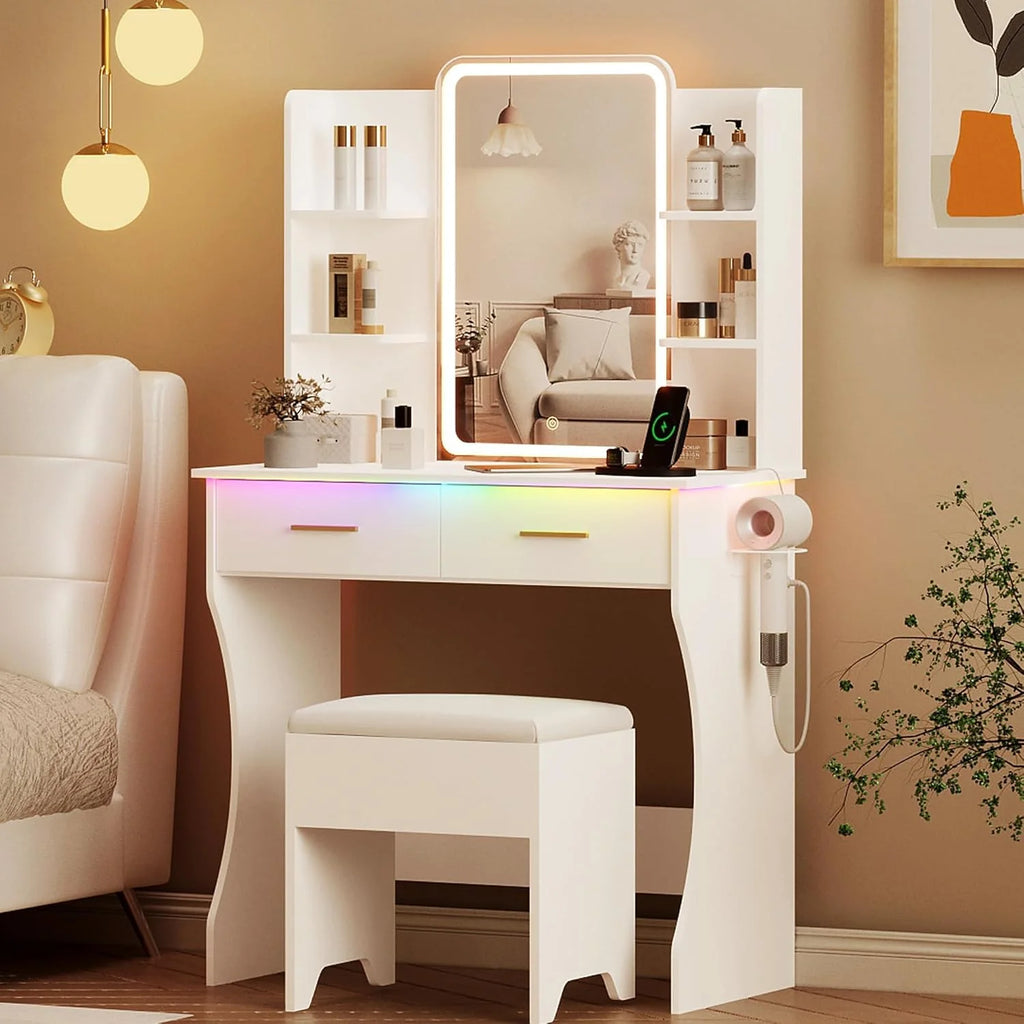 Vanity Desk with LED Lights Mirror & Power Outlet, Small Makeup Vanity Table Set