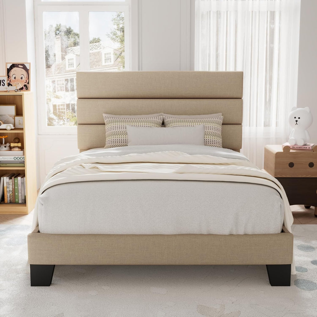 Allewie King size platform bed frame with velvet upholstered headboard and planks