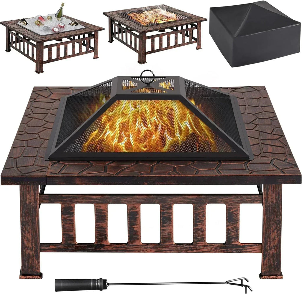 Yaheetech Multifunctional Fire Pit Table Square Metal Firepit Stove Backyard Patio Garden Fireplace