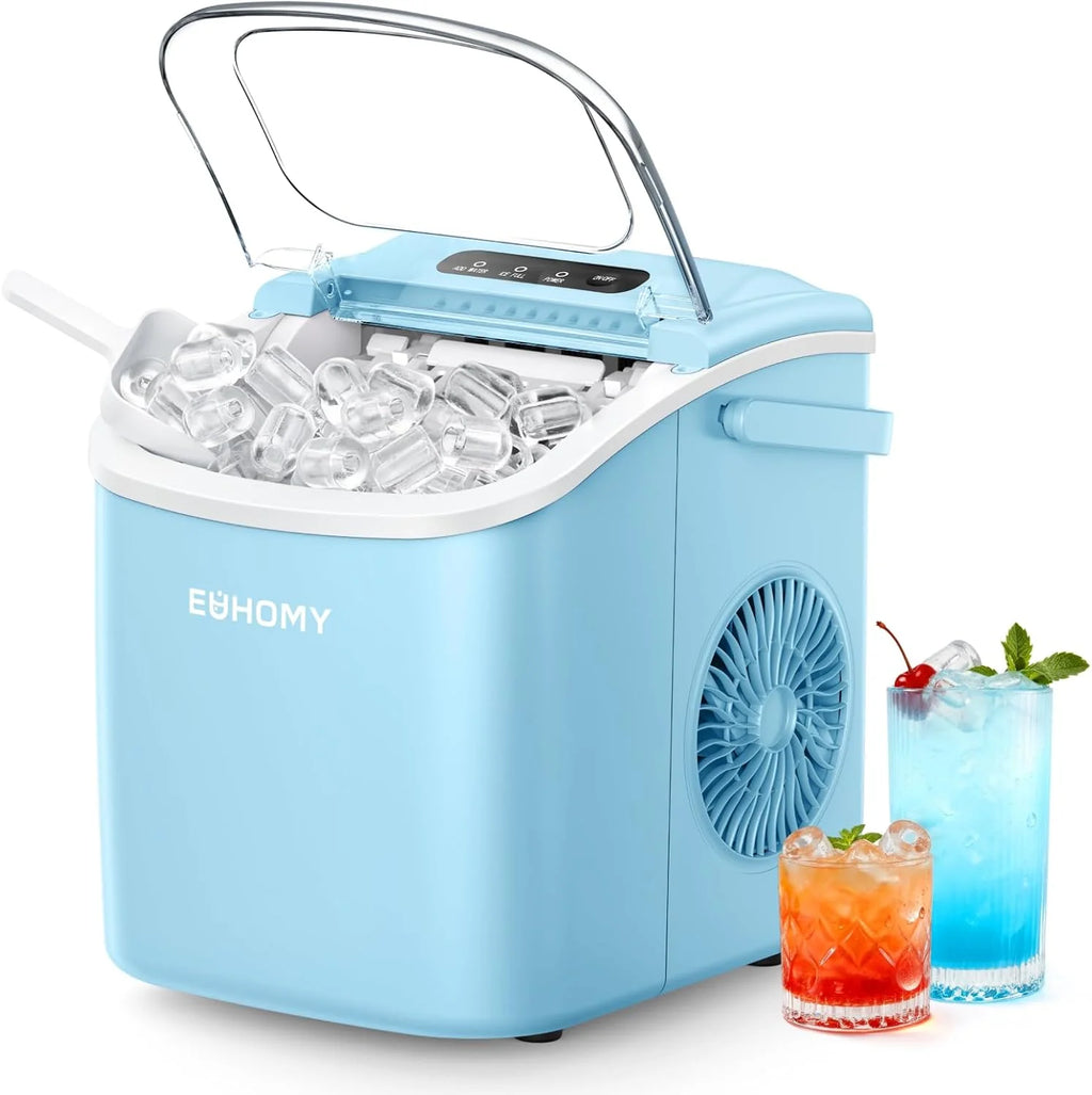 EUHOMY Countertop Ice Maker Machine with Handle, 26lbs in 24Hrs, 9 Ice Cubes Ready in 6 Mins, Auto-Cleaning Portable Ice Maker with Basket and Scoop, for Home/Kitchen/Camping/RV. (Black)