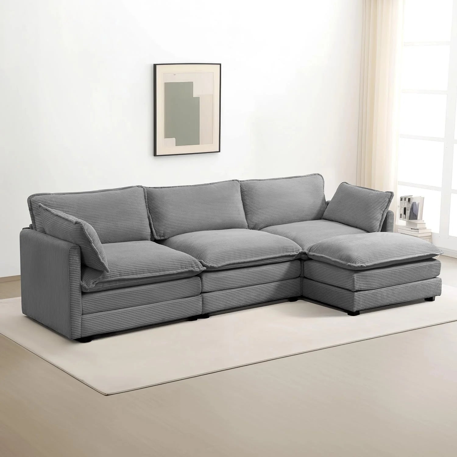ROWHY Oversized Modular Sectional Sofa with Movable Ottoman, 112 Inch 4 Seat Modern Corduroy Sofa Set, Convertible L Shaped Couch for Living Room and Office, Beige