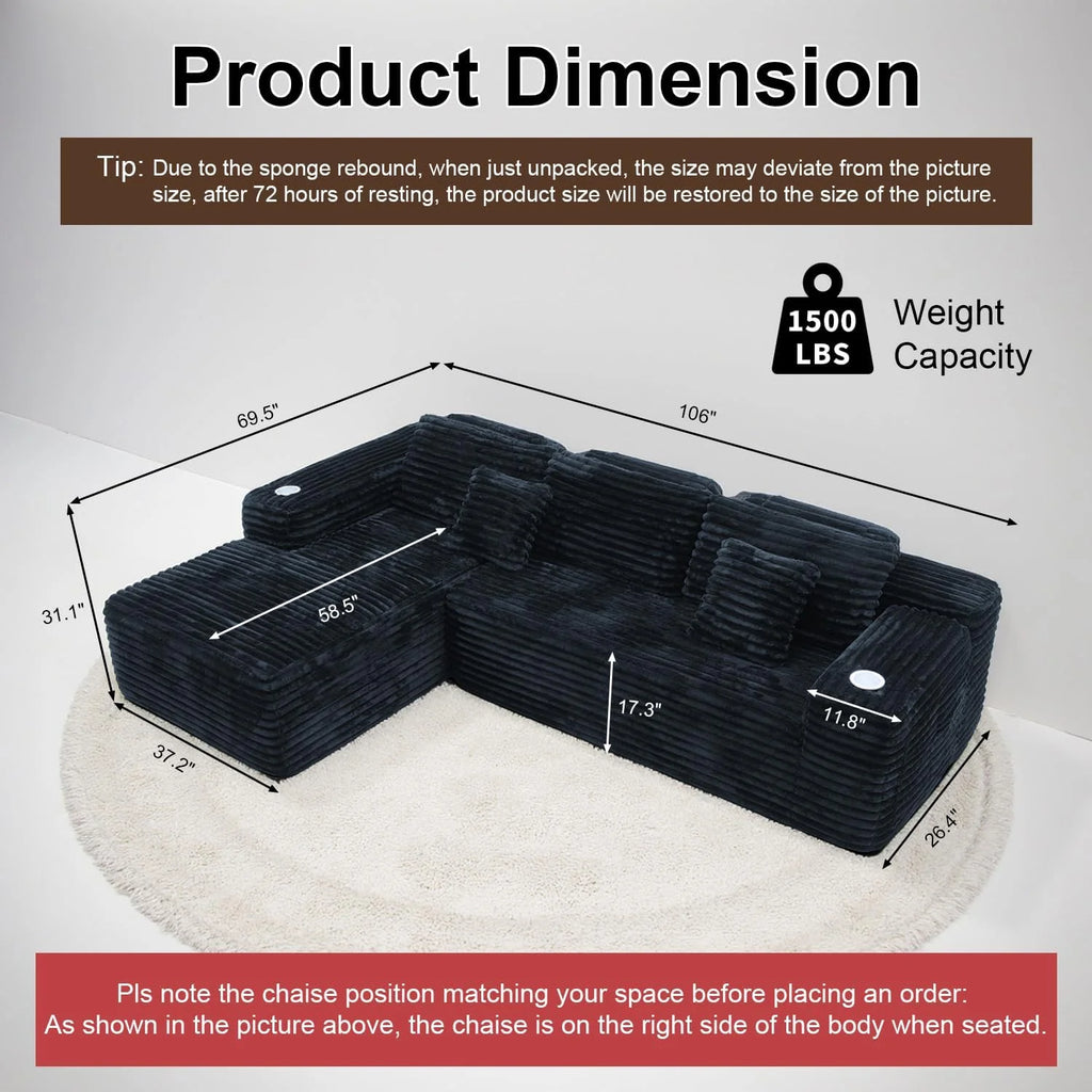 Cloud Sectional Couch with L-Shape Chaise Modern Modular Sofa Deep Seat Built-in Cup Holder