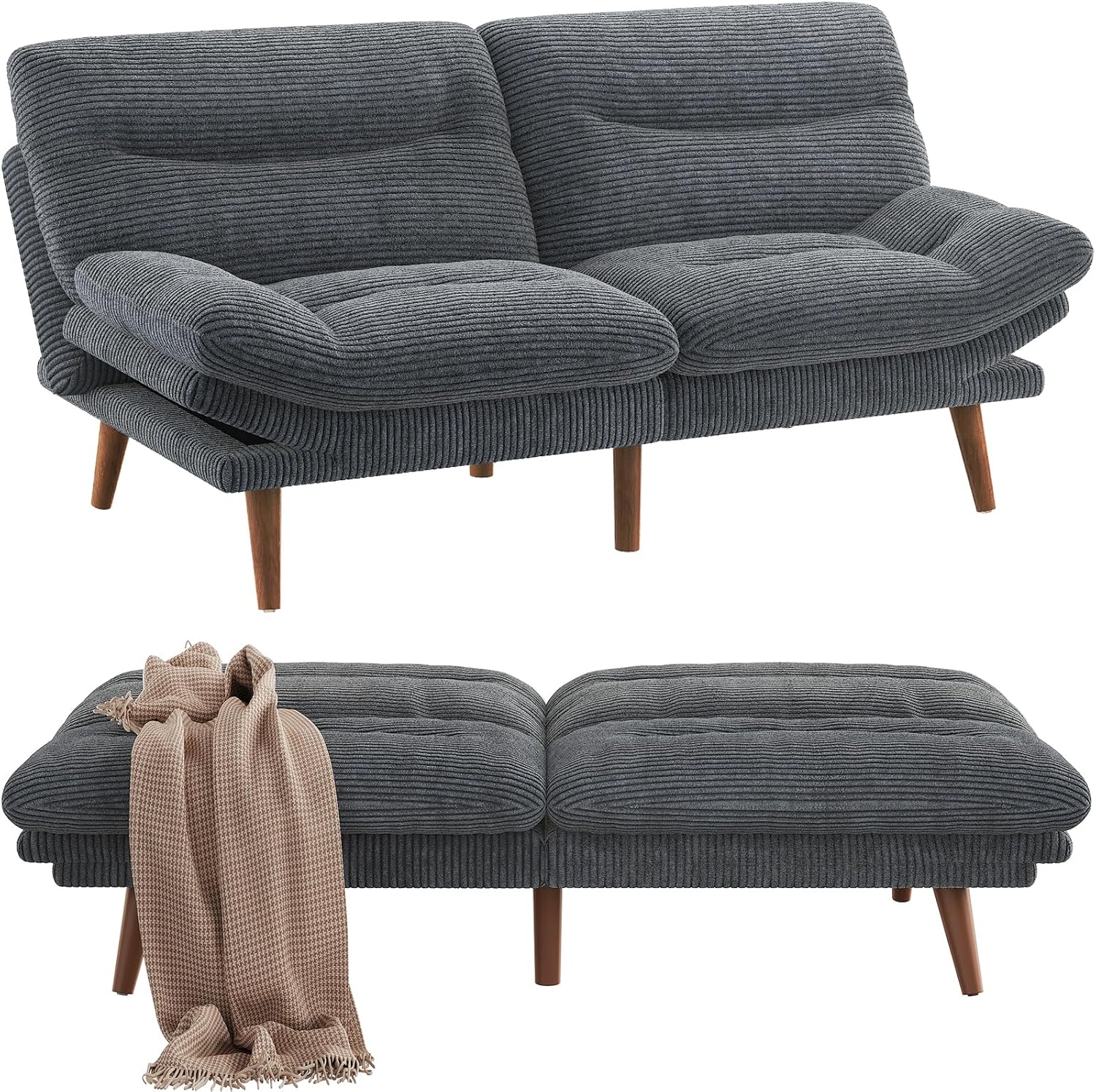 Pipishell Convertible Futon Sofa Bed,66 Corduroy Futon Couch with Adjustable Backrest and Armrests, Recliner Sleeper Sofa for Small Spaces, Play Room or Office, Grey
