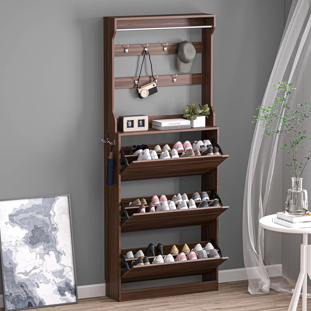 Shoe Cabinet with 3 Flip Drawers, Hidden Wood Shoe Cabinet,Freestanding Shoe Storage Cabinet