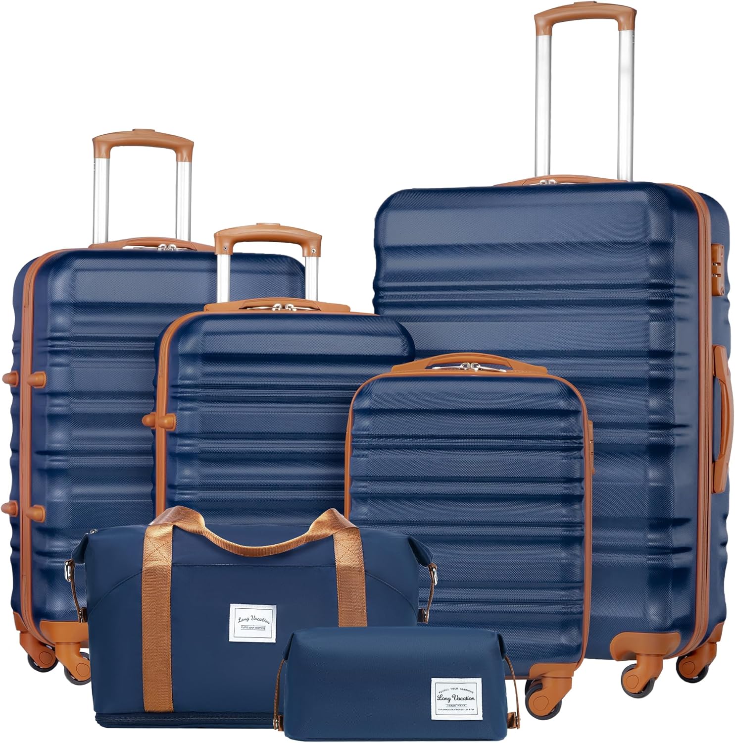 LONG VACATION 6 Piece Luggage Set Carry on Suitcase with ABS+PC hardshell, Spinner Wheels & YKK Zipper TSA Lock