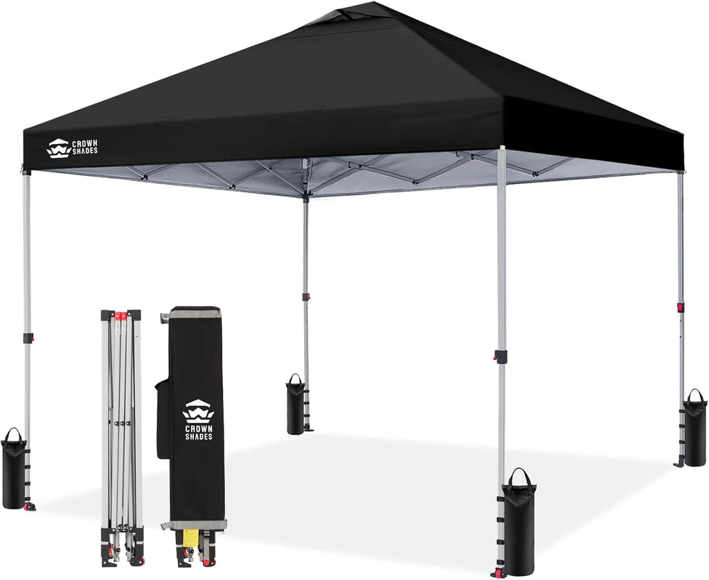 Crown Shades 10x10 Pop Up Canopy - Beach Tent with One Push Setup - Outdoor Sun Shade for Events, Parties, Camping - Gazebo with STO-N-Go Cover Bag, Silver Coated Top, 3 Height& 4 Sand Bags, Yellow