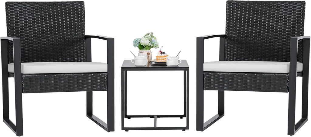 Flamaker 3 Pieces Outdoor Patio Wicker Furniture Set, Modern Rattan Chair Conversation Sets with Coffee Table for Yard and Bistro (Black)