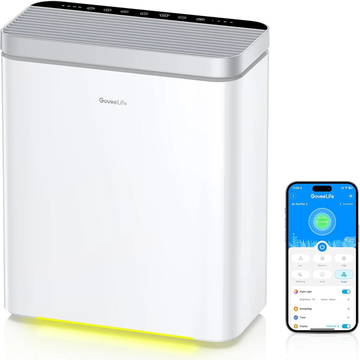 GoveeLife Smart Air Purifier for Home Large Rooms, Covers up to 1046 ft², PM2.5 Monitor, Sleep Mode, 3-in-1 Filter Air Purifier with App and Alexa Control for Pet Hair, Odors, Pollen and Smoke