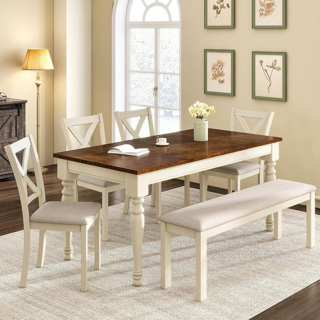 LUXOAK 6-Piece Solid Wood Dining Table Set 60'' Farmhouse Wood Kitchen Chairs Set
